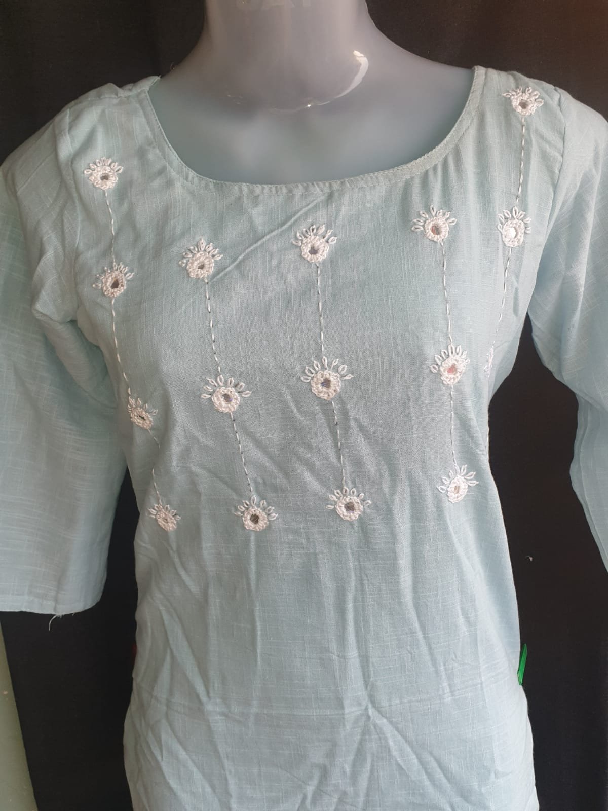 Sky Blue Cotton Kurti with Mirror Work